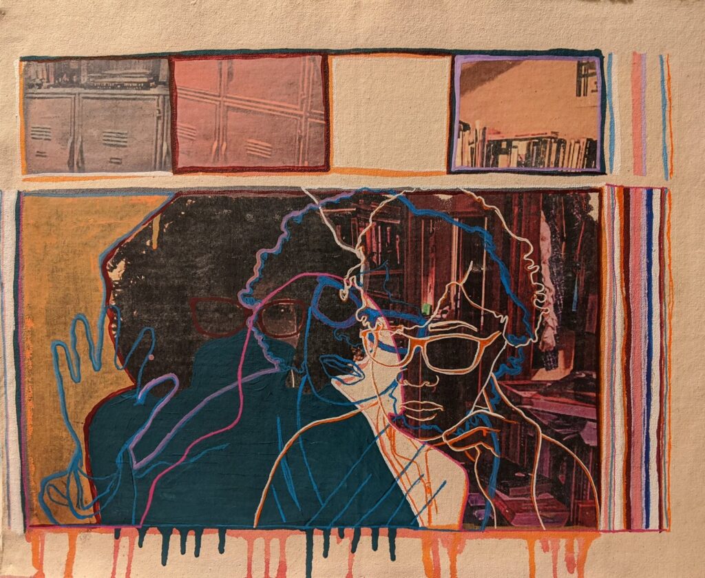A piece of mixed-media art with a tan background; 4 squares on the top of the canvas represent abstract images from school including lockers and a library. The main portion of the image is a facsimile of a computer screen with abstract individuals and the layers of drawing and sketching. The image drips paint on to the lower part of the piece of art.