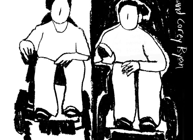 Black and white charcoal drawing. Two people sit side by side in power wheelchairs. The left half of the background is white and the right half is black. Eric and Corey Ryan are written along the upper right edge of the drawing. The DisTopia logo is in the lower left corner.