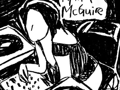 Black and white charcoal drawing of Rynita at her turntable with Rynita McGuire written in a white thought bubble in the upper right corner