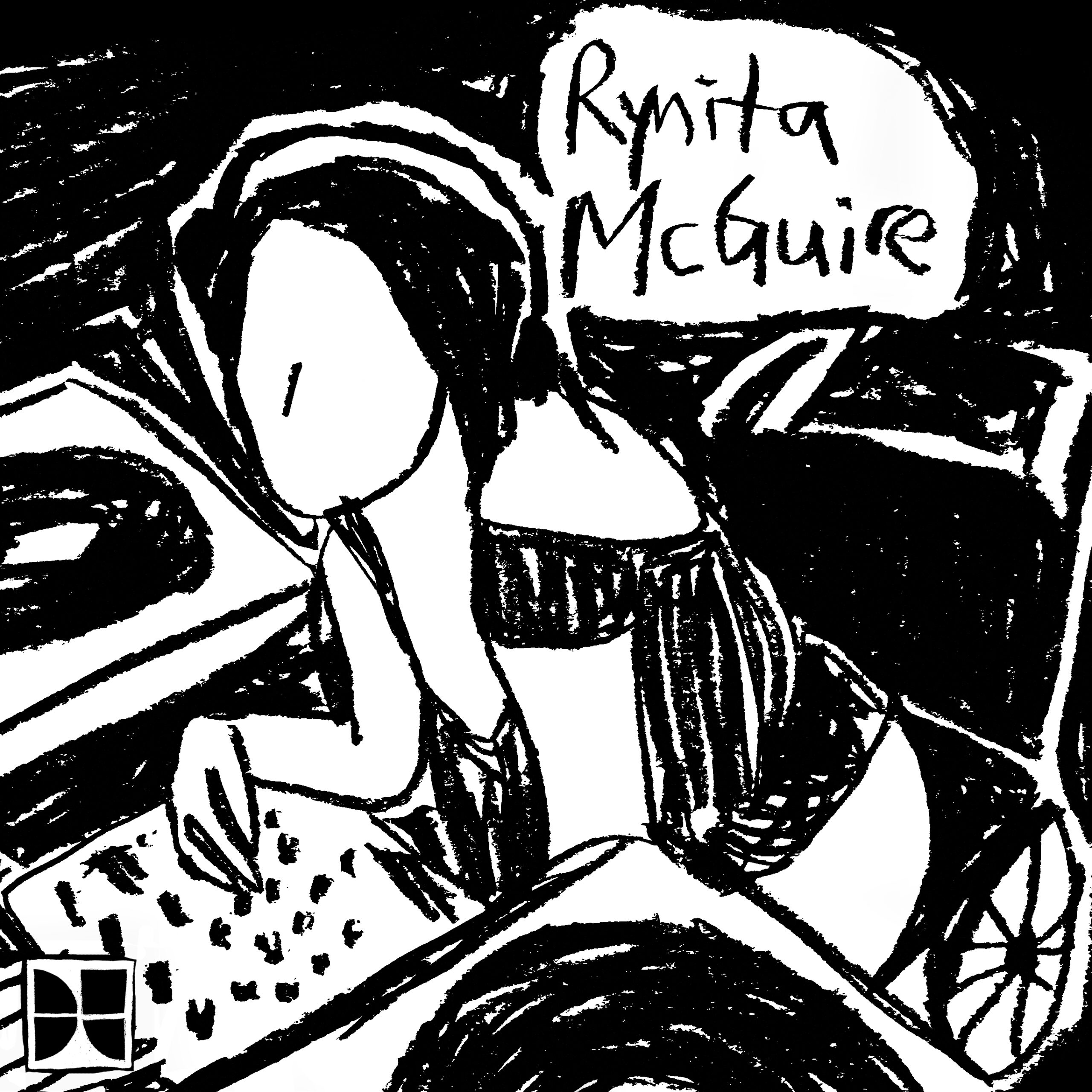 Black and white charcoal drawing of Rynita at her turntable with Rynita McGuire written in a white thought bubble in the upper right corner