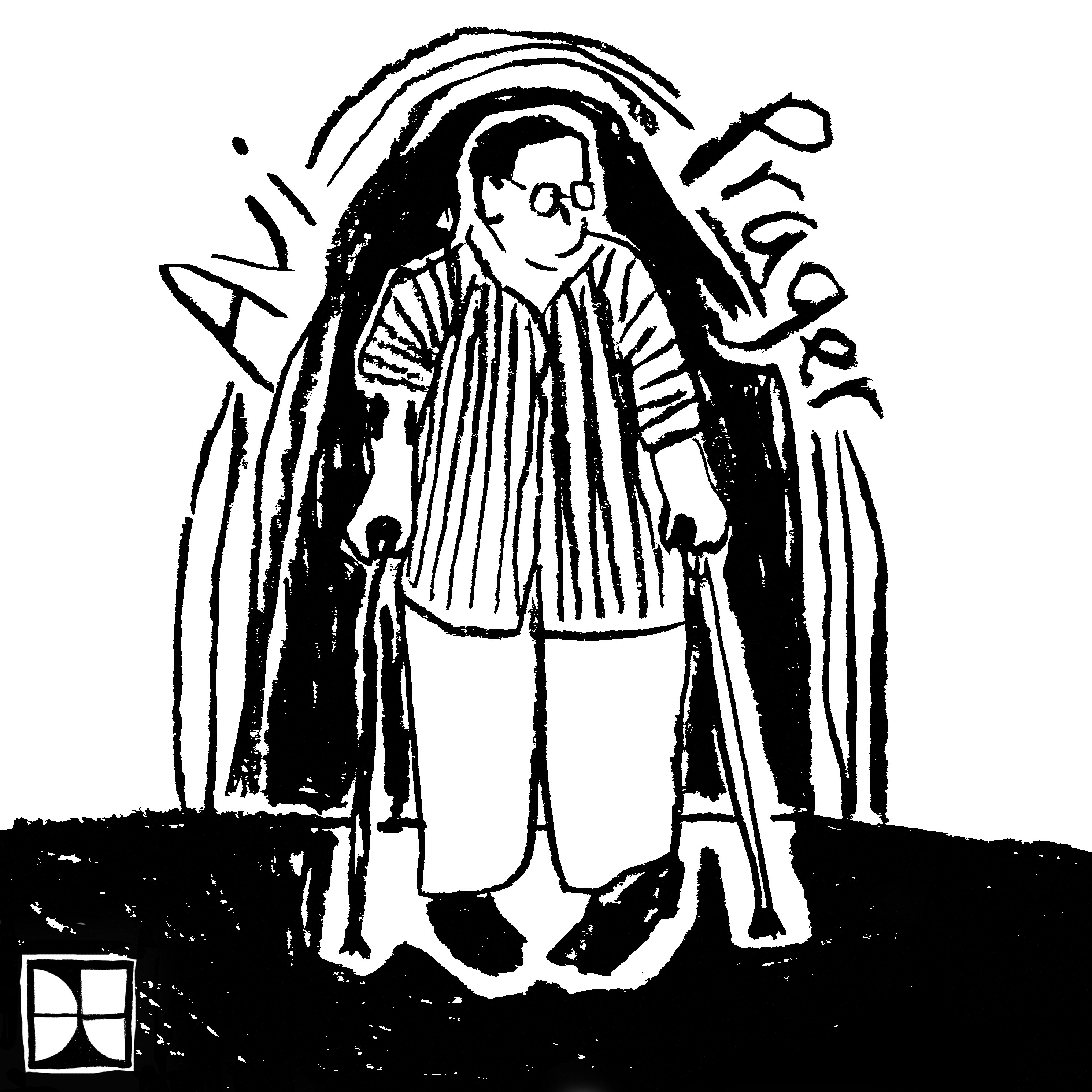 Avi Prager podcast cover. Black and white charcoal drawing of Avi supported by crutches in a standing position wearing a striped shirt and glasses.