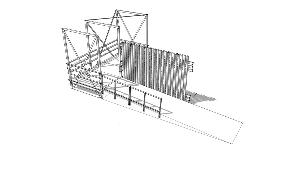 A digital rendering of a wood and metal structure with a ramp and platform.